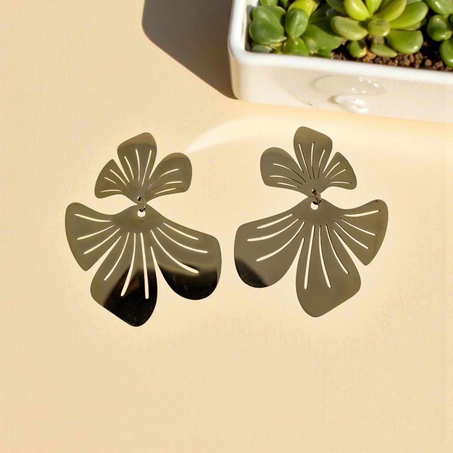 Waterproof Gold Plated Stainless Steel Flower Drop Earrings
