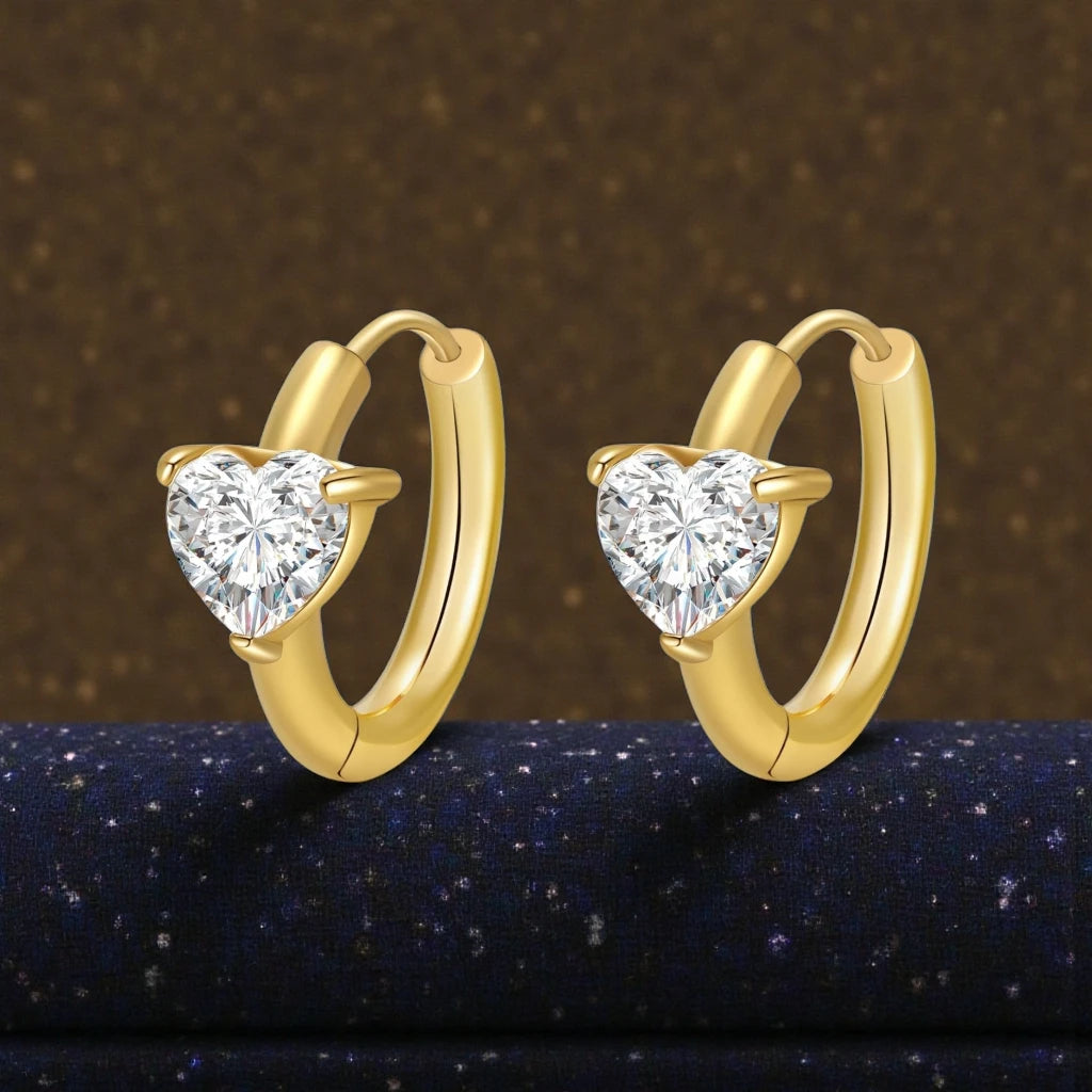 Heart-Shaped Cubic Zirconia 18K Gold Plated Stainless Steel Waterproof Congo Closure Earrings