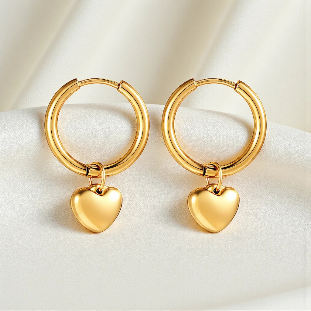 Waterproof 18K Gold Plated Stainless Steel Puffed Heart Drop Huggie Style Hoop Earrings