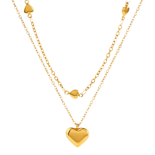 Puffed Hearts 18 K Gold Plated Stainless Steel Waterproof dual-layered Necklace