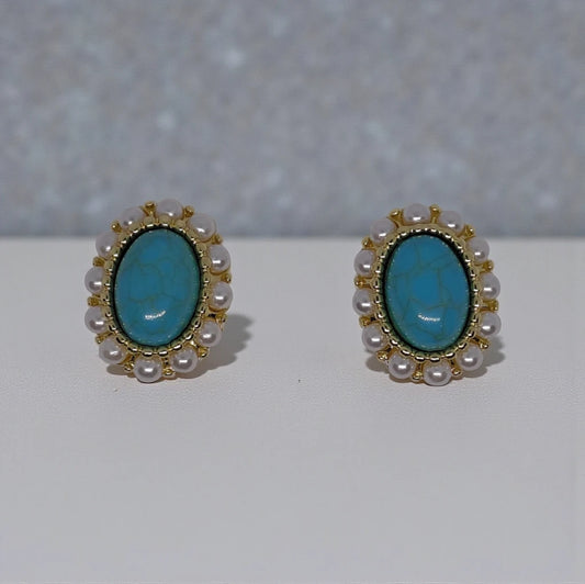 Turquoise Stud Earrings with Faux Pearls Oval Shape