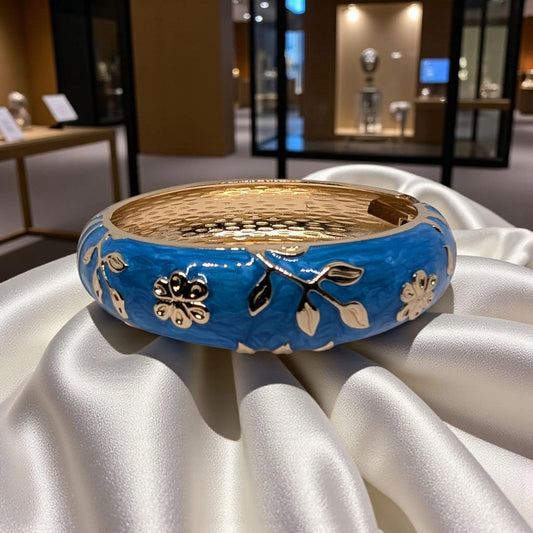 Enamel Open Blue Bracelet with Floral Design