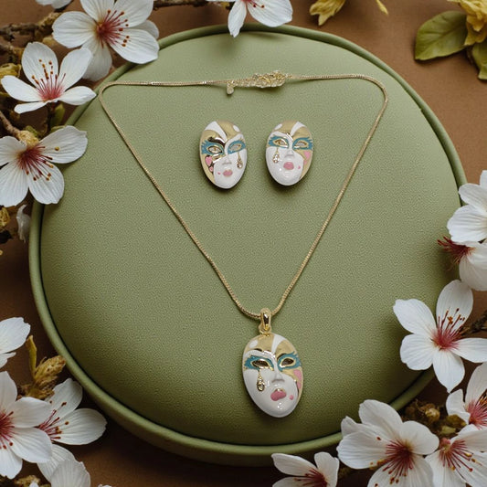 Crying Mask Shape Enamel Pendant Set with Earrings