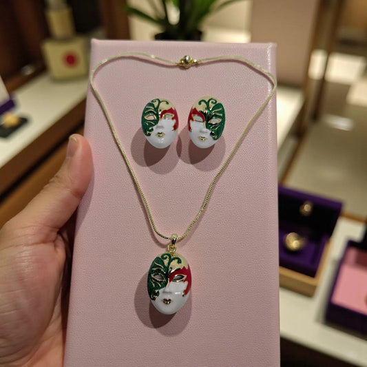 Mask Shape Enamel Pendant Set with Earrings