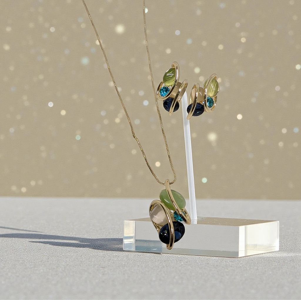Gold-Tone Abstract Pendant and Earring set with Dark Navi Blue Multi-Coloured Stones