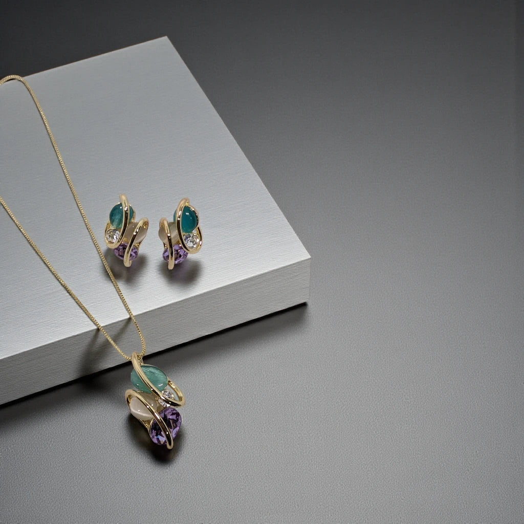 Gold-Tone Abstract Pendant and Earring set with Multi-Coloured Stones