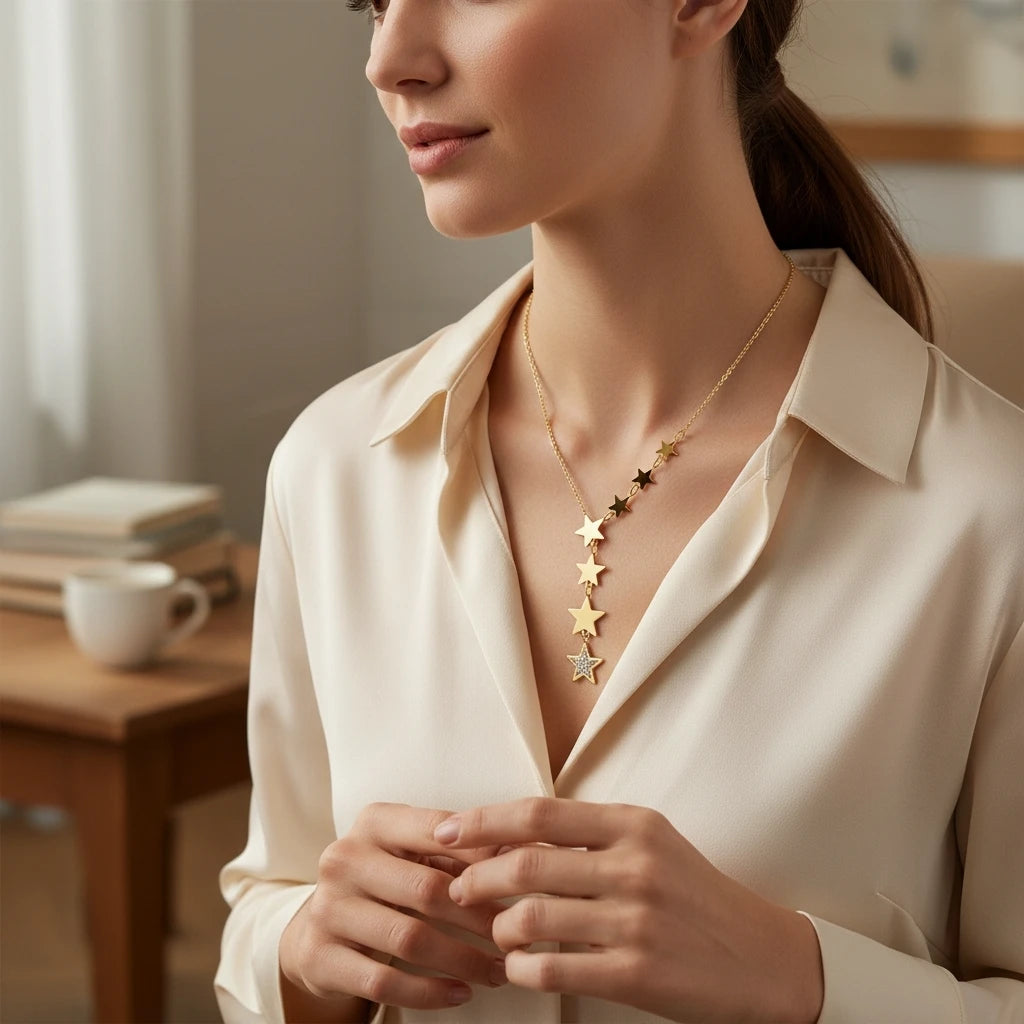 Star Lariat Gold Plated, Y Shape Drop Star Cubic Zirconia Pendant Necklace