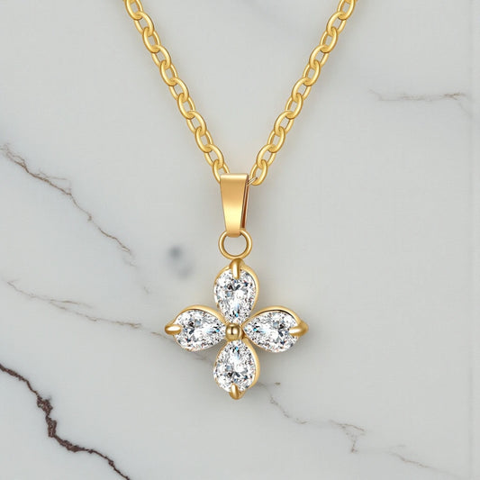 Waterproof Gold Plated Stainless Steel Cubic Zirconia Floral Marquise Pendant Necklace