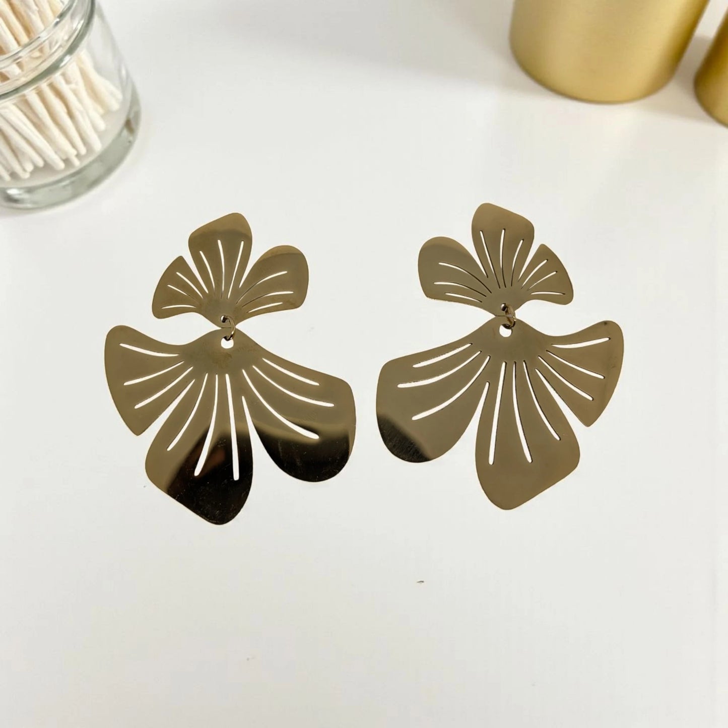 Waterproof Gold Plated Stainless Steel Flower Drop Earrings