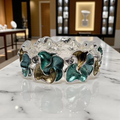 Silver with Green and Brown Stretch Enamel Bracelet