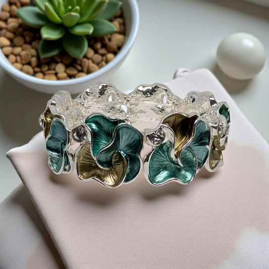 Silver with Green and Brown Stretch Enamel Bracelet