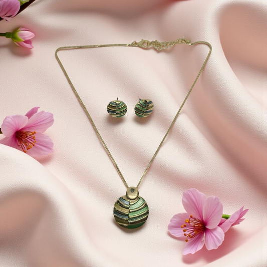 Golden Round Green and Blue Pendant Set with Earrings