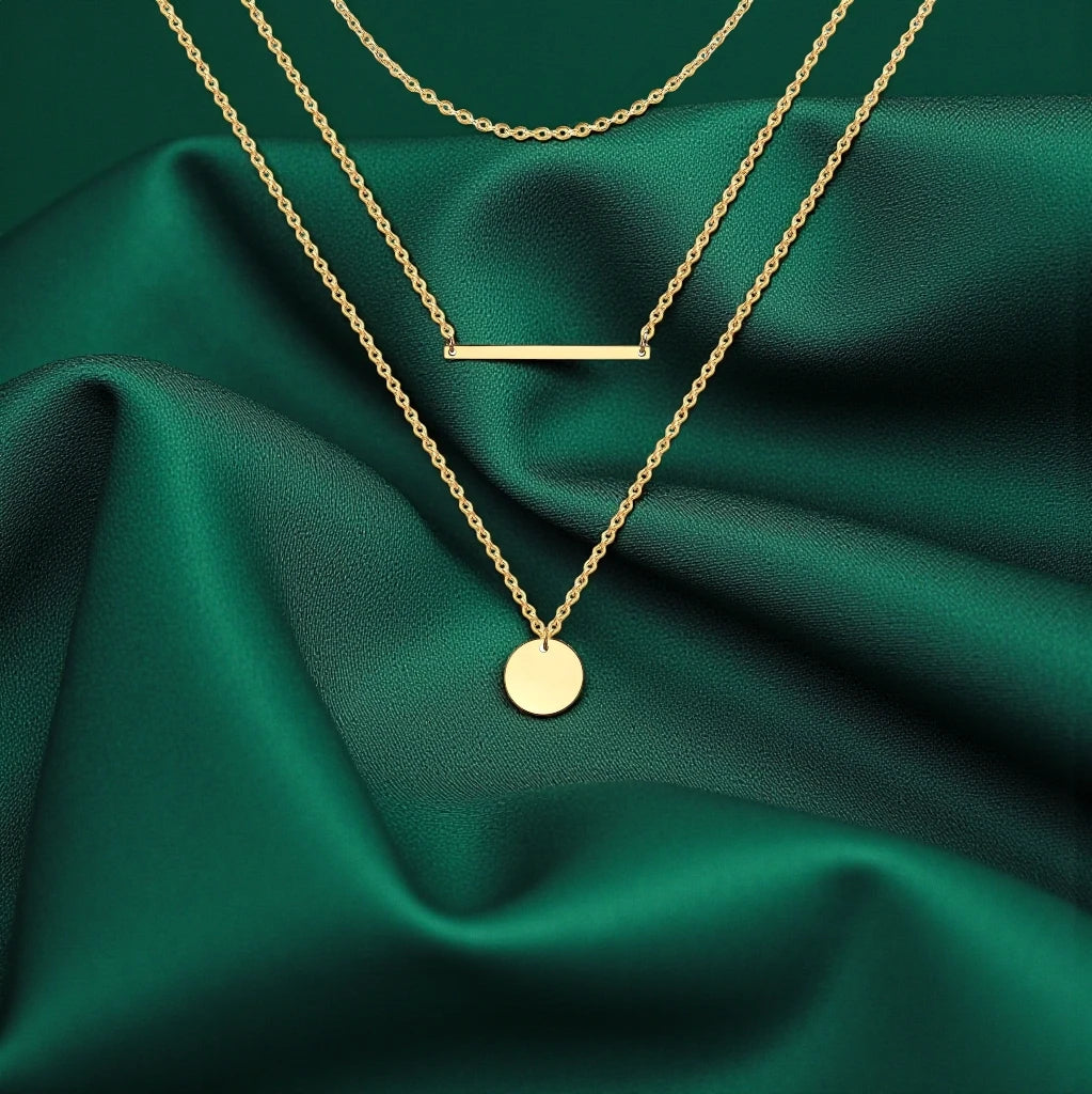 Gold Platted Triple-Layered bar and circular disc pendant Necklace