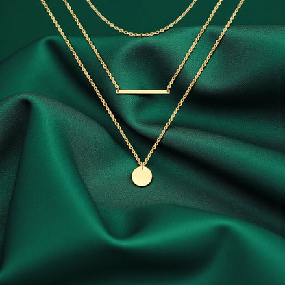 Gold Platted Triple-Layered bar and circular disc pendant Necklace