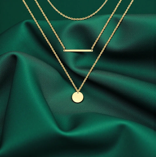 Gold Platted Triple-Layered bar and circular disc pendant Necklace