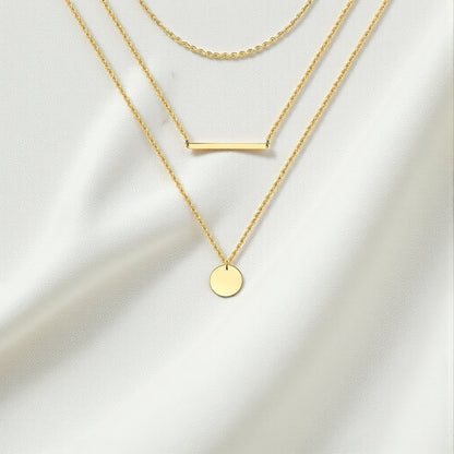 Gold Platted Triple-Layered bar and circular disc pendant Necklace