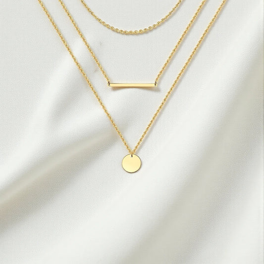 Gold Platted Triple-Layered bar and circular disc pendant Necklace