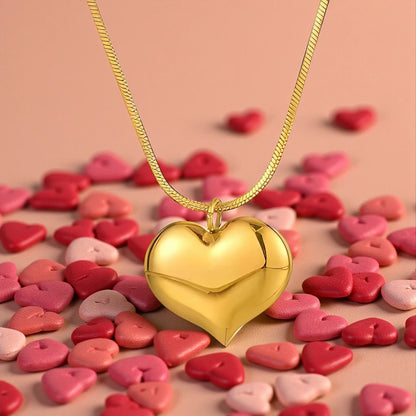 18K Gold Plated Stainless Steel Waterproof Puffy Heart Pendant Necklace