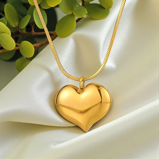18K Gold Plated Stainless Steel Waterproof Puffy Heart Pendant Necklace