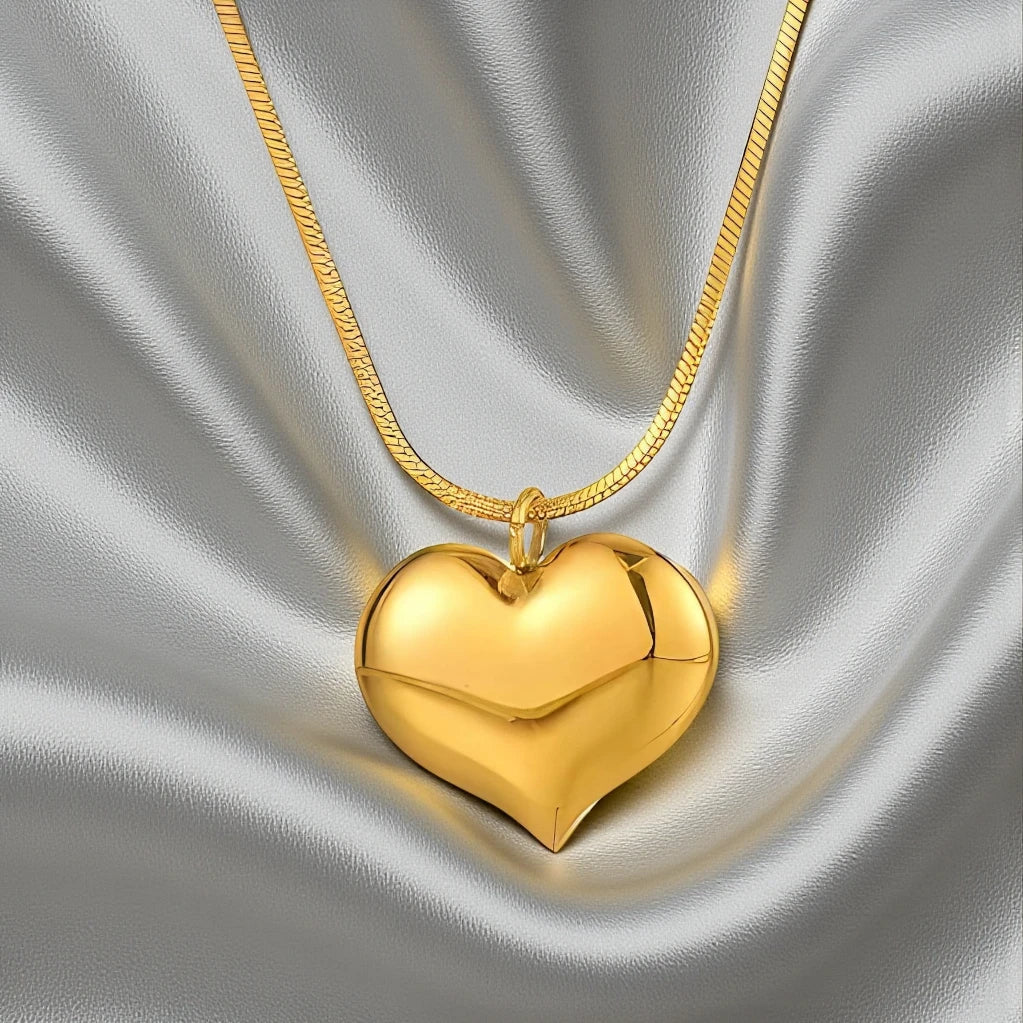 18K Gold Plated Stainless Steel Waterproof Puffy Heart Pendant Necklace