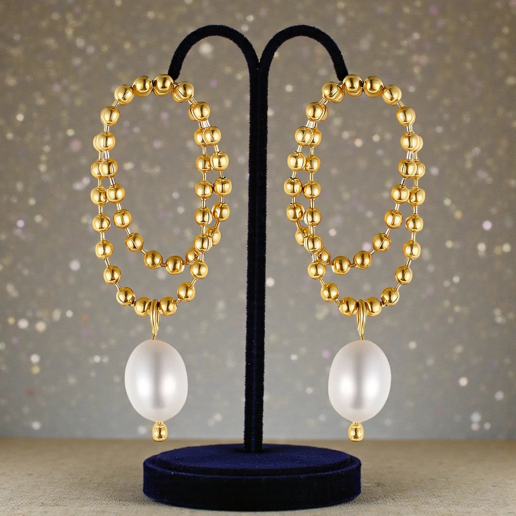 18 K Gold-toned beaded double-concentric hoop design with teardrop-shaped white pearl Waterproof Stainless Steel Earrings