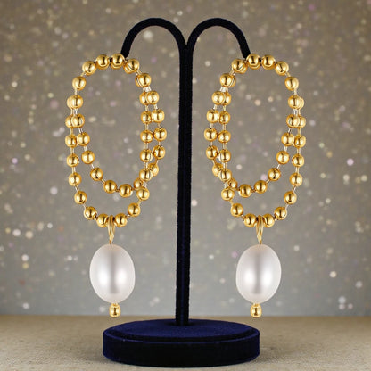 18 K Gold-toned beaded double-concentric hoop design with teardrop-shaped white pearl Waterproof Stainless Steel Earrings