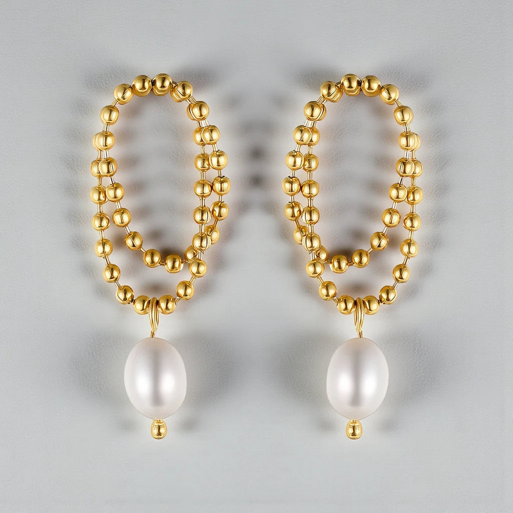 18 K Gold-toned beaded double-concentric hoop design with teardrop-shaped white pearl Waterproof Stainless Steel Earrings