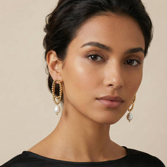18 K Gold-toned beaded double-concentric hoop design with teardrop-shaped white pearl Waterproof Stainless Steel Earrings