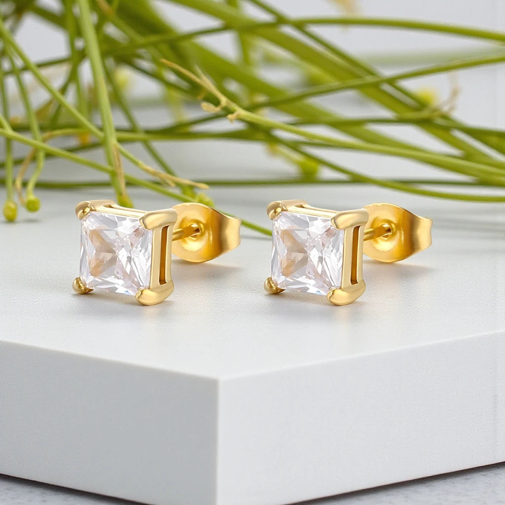 Cubic Zirconia 18K Gold Plated Stainless Steel Waterproof Stud Earrings.