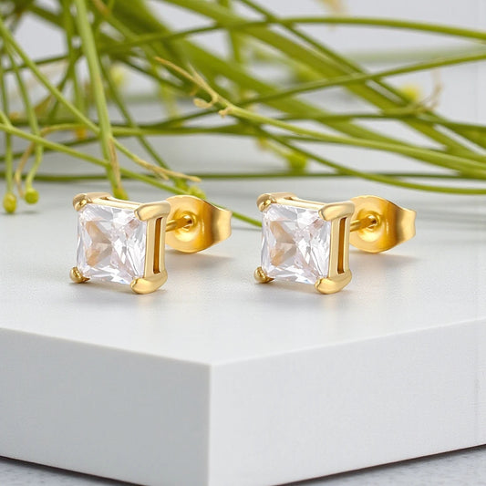Cubic Zirconia 18K Gold Plated Stainless Steel Waterproof Stud Earrings.