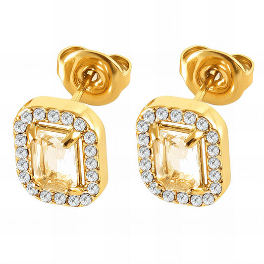 Halo Emerald Cut 18K Gold Plated Stainless Steel Stud Earrings