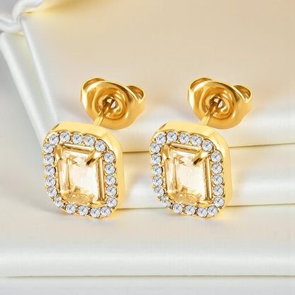 Halo Emerald Cut 18K Gold Plated Stainless Steel Stud Earrings