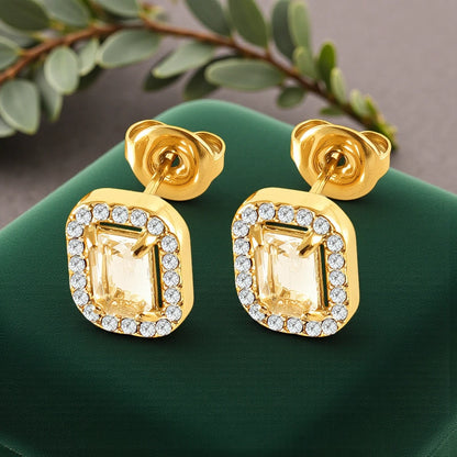 Halo Emerald Cut 18K Gold Plated Stainless Steel Stud Earrings