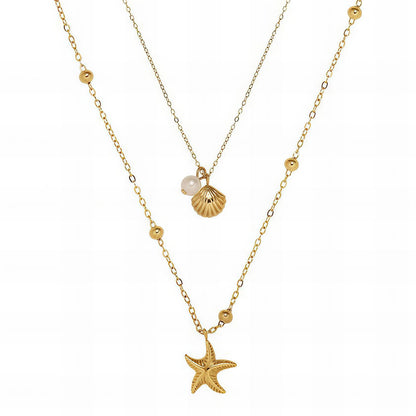 18K Gold Plated Starfish & Shell Layered Stainless Steel Waterproof Necklace