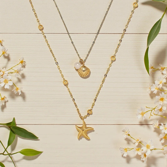 18K Gold Plated Starfish & Shell Layered Stainless Steel Waterproof Necklace