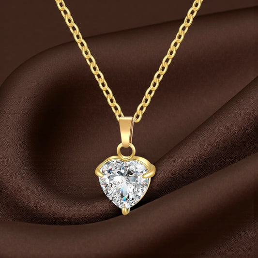 Waterproof Gold Plated Stainless Steel Cubic Zirconia Heart Pendant Necklace