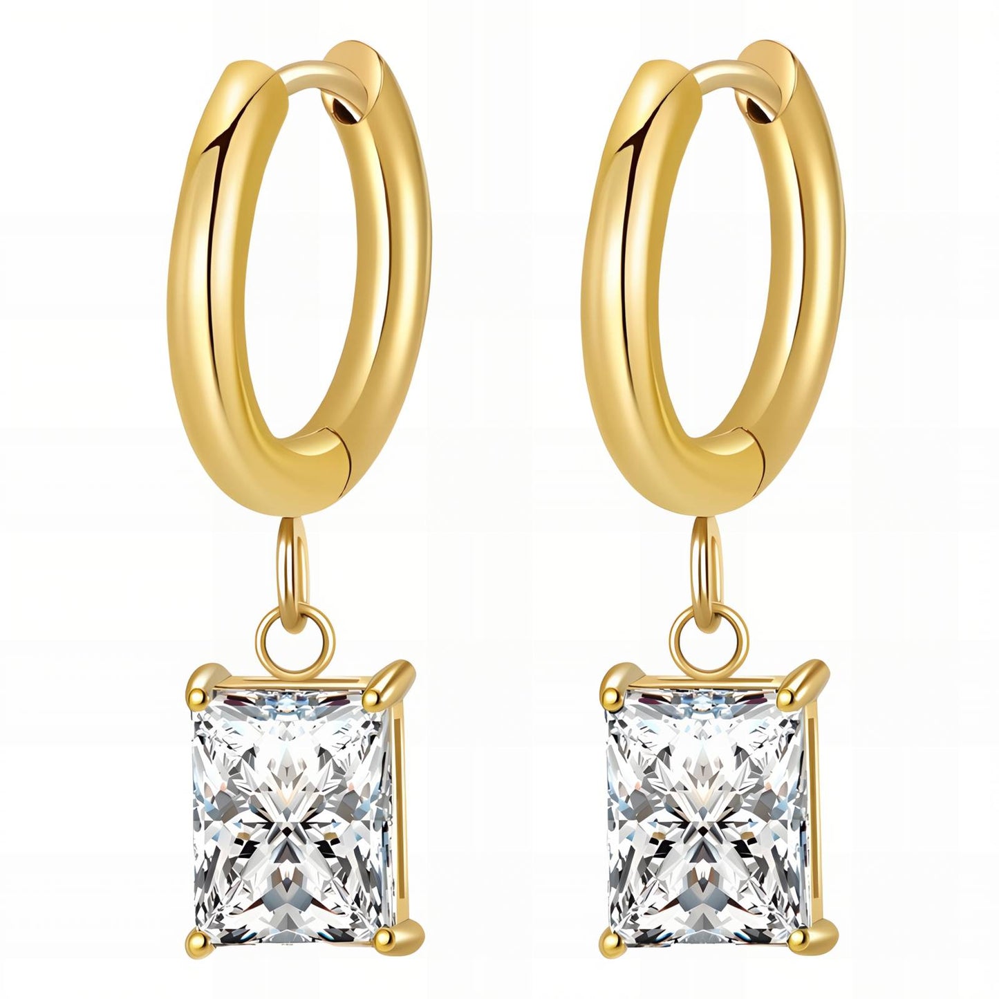 Waterproof 18K Gold Plated Stainless Steel Rectangular Cubic Zirconia Huggie Hoop Earrings