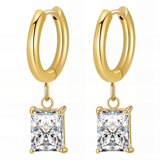 Waterproof 18K Gold Plated Stainless Steel Rectangular Cubic Zirconia Huggie Hoop Earrings