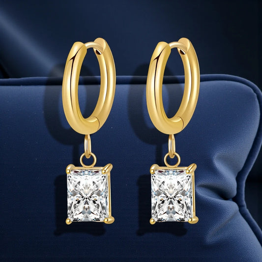 Waterproof 18K Gold Plated Stainless Steel Rectangular Cubic Zirconia Huggie Hoop Earrings