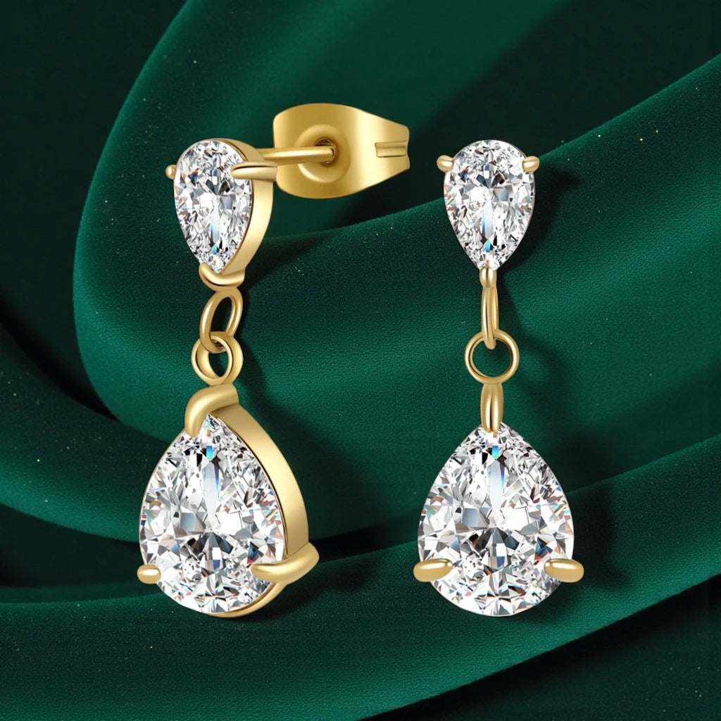 Waterproof 18K Gold Plated Stainless Steel Double Pear Drop Cubic Zirconia Earrings