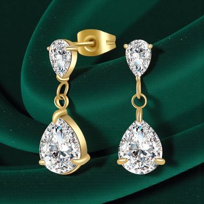 Waterproof 18K Gold Plated Stainless Steel Double Pear Drop Cubic Zirconia Earrings