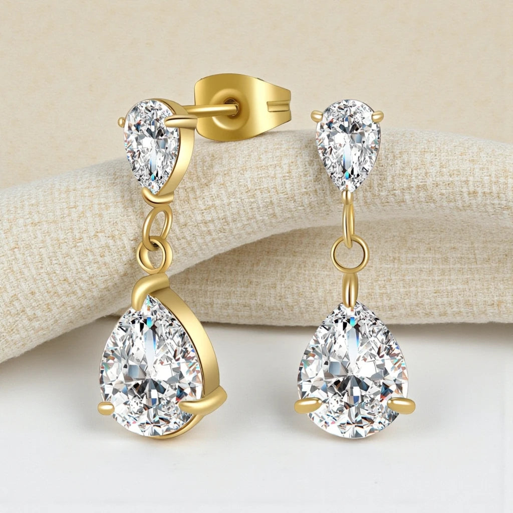 Waterproof 18K Gold Plated Stainless Steel Double Pear Drop Cubic Zirconia Earrings