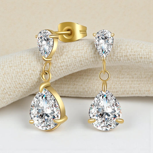 Waterproof 18K Gold Plated Stainless Steel Double Pear Drop Cubic Zirconia Earrings