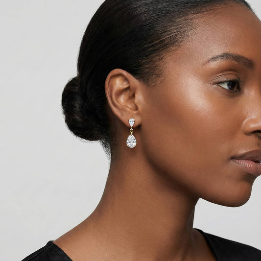 Waterproof 18K Gold Plated Stainless Steel Double Pear Drop Cubic Zirconia Earrings