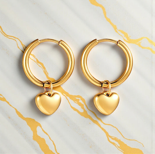 Waterproof 18K Gold Plated Stainless Steel Puffed Heart Drop Huggie Style Hoop Earrings