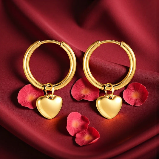 Waterproof 18K Gold Plated Stainless Steel Puffed Heart Drop Huggie Style Hoop Earrings
