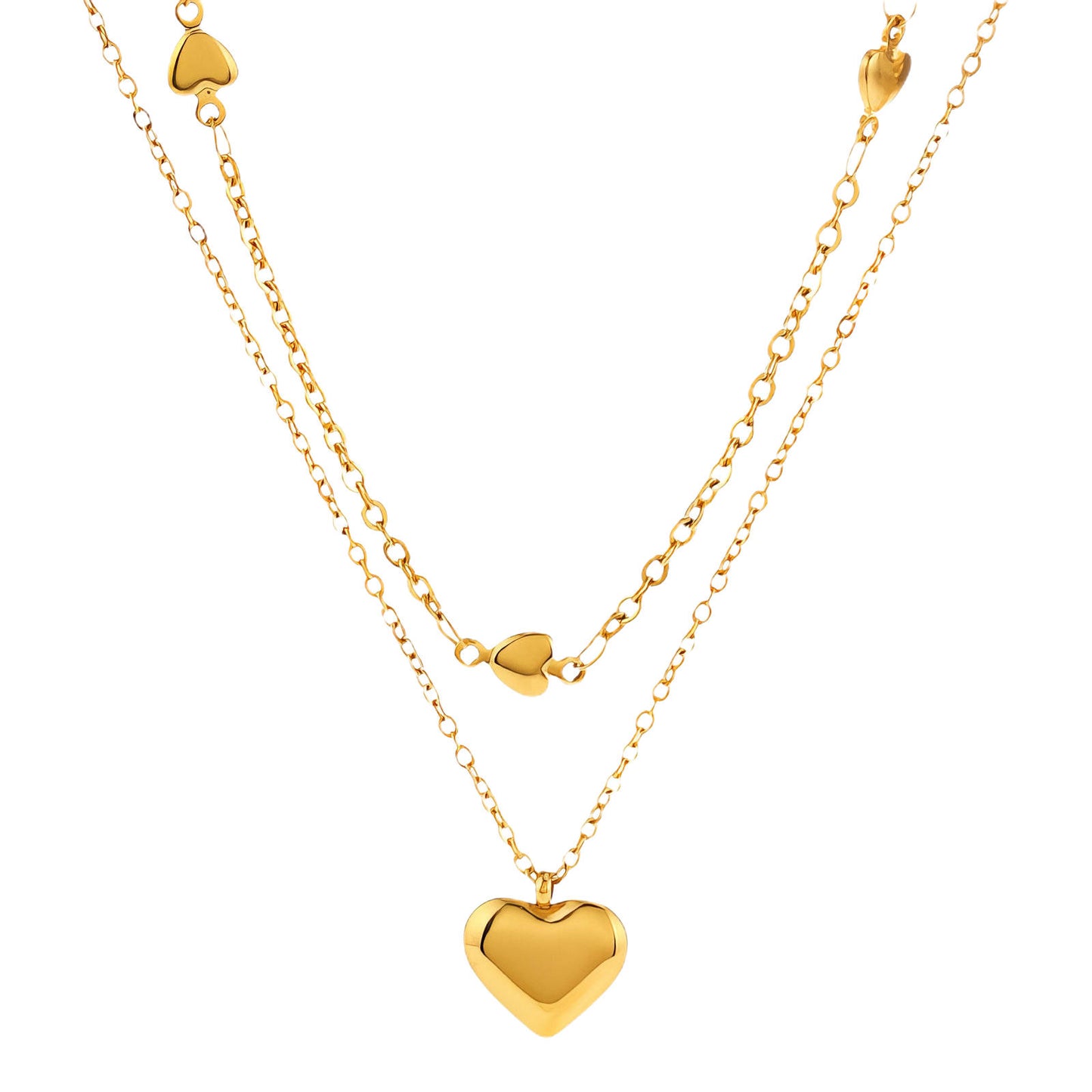 Puffed Hearts 18 K Gold Plated Stainless Steel Waterproof dual-layered Necklace