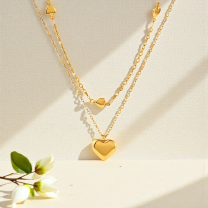 Puffed Hearts 18 K Gold Plated Stainless Steel Waterproof dual-layered Necklace