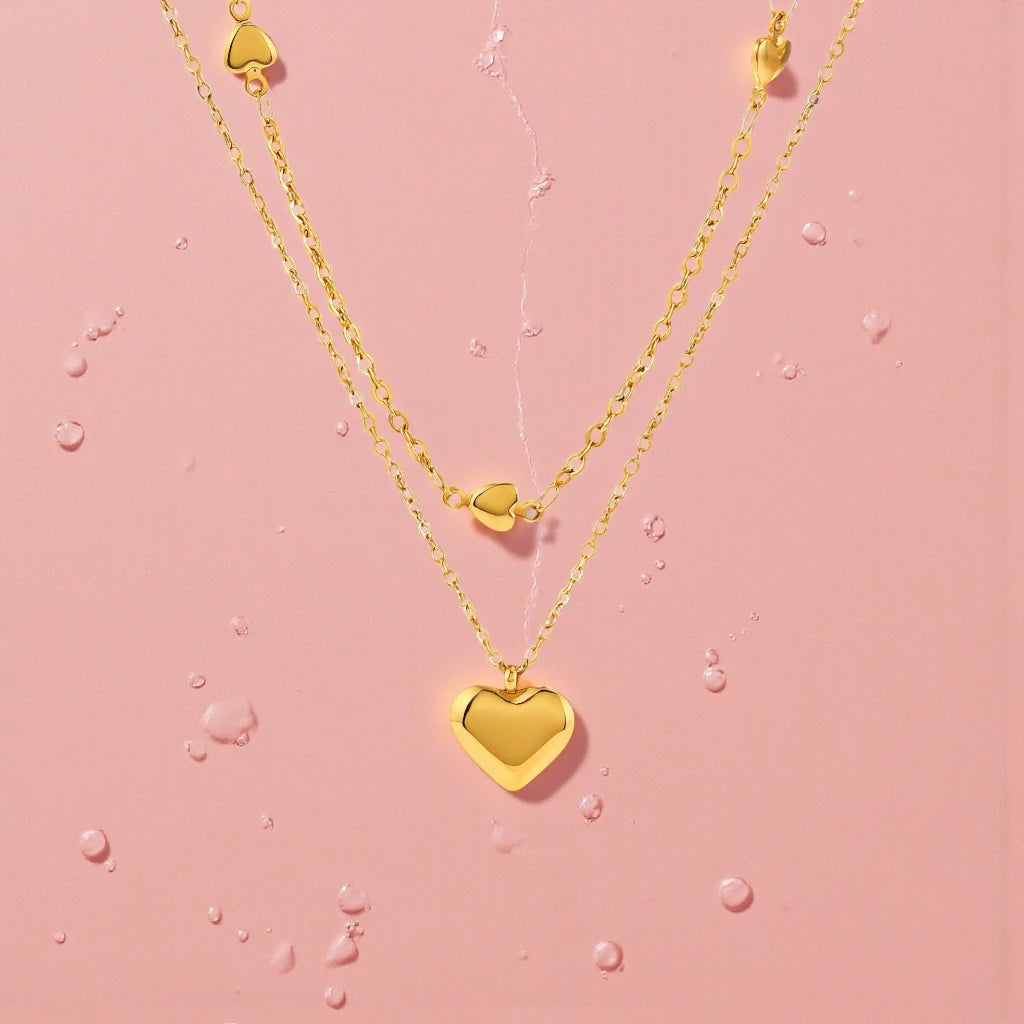 Puffed Hearts 18 K Gold Plated Stainless Steel Waterproof dual-layered Necklace