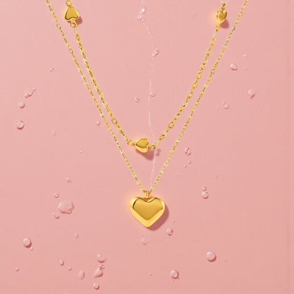Puffed Hearts 18 K Gold Plated Stainless Steel Waterproof dual-layered Necklace